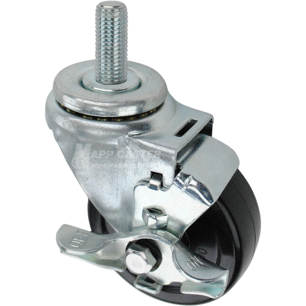 Swivel caster with top lock brake, a 3.5 inch black soft rubber wheel and 16mm wide threaded metal stem