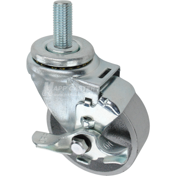 Swivel caster with a top lock brake, a 3.5 inch silver steel wheel and 20mm wide threaded metal stem