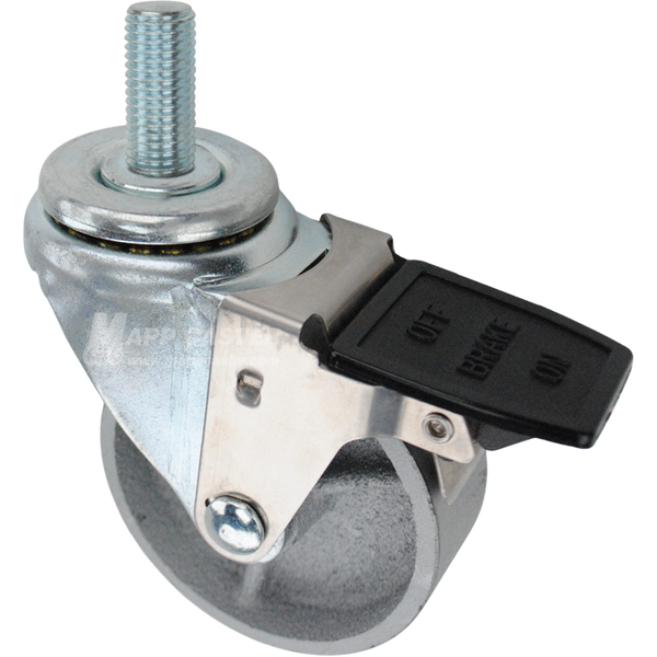 Caster wheel with a face contact brake, a 3.5 inch silver steel wheel and 20mm metal threaded stem