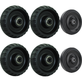 Black non-marking thermoplastic rubber wheels wit precision ball bearings, four crowned off road styled wheels & two 4 inch flat treaded loading wheels. 