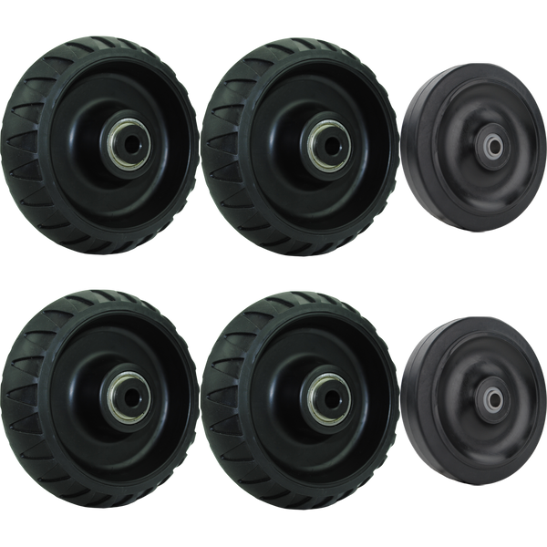 Black non-marking thermoplastic rubber wheels wit precision ball bearings, four crowned off road styled wheels & two 4 inch flat treaded loading wheels. 