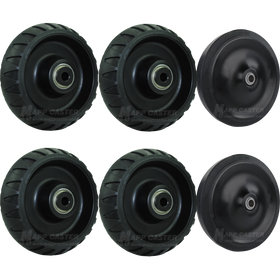 Black non-marking thermoplastic rubber wheels wit precision ball bearings, four crowned off road styled wheels & two 5 inch flat treaded loading wheels. 