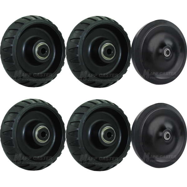 Black non-marking thermoplastic rubber wheels wit precision ball bearings, four crowned off road styled wheels & two 5 inch flat treaded loading wheels. 