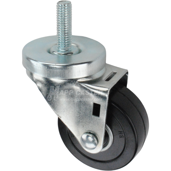 Metal caster rubber wheel with a black rubber tire and threaded stem