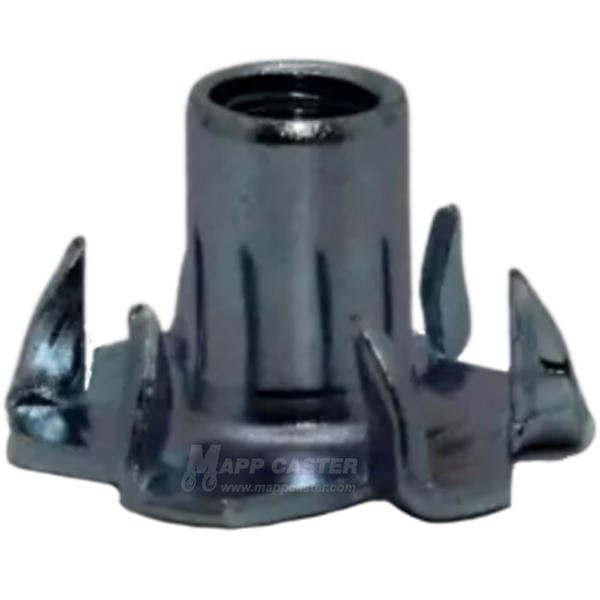 Threaded tee-nut for soft wood, plastic, or particle board