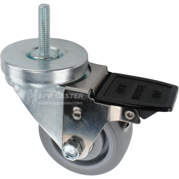 Caster wheel with face contact brake, a 3 inch grey rubber wheel and 1-1/2 inch metal threaded stem
