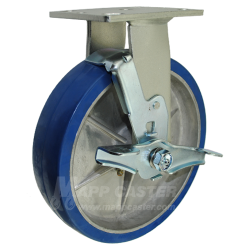 8" x 2" Polyurethane on Aluminum Wheel Rigid Brake Caster - 1,250 Lbs Capacity