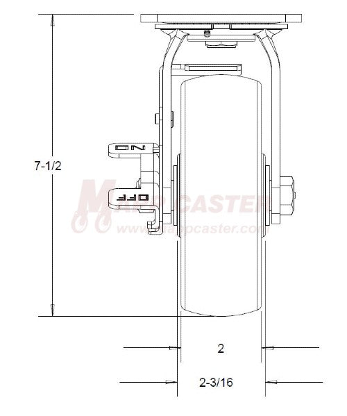 6" x 2" Rubber on Nylon Wheel Swivel Brake Caster 146RNB620SB 500 LBS CAPACITY - FRONT VIEW DIAGRAM 