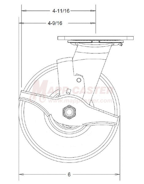 6" x 2" Rubber on Nylon Wheel Swivel Brake Caster 146RNB620SB 500 LBS CAPACITY - SIDE VIEW DIAGRAM 