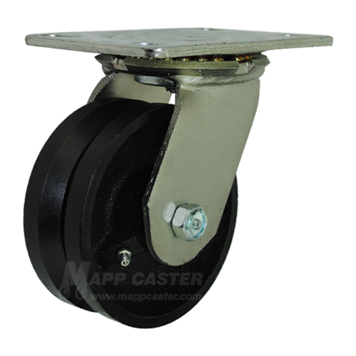 5" x 2" V-Groove Cast Iron Wheel Swivel Caster with 6-1/4" x 4-1/2" Top Plate - 900 Lbs Capacity