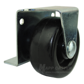 A black plastic wheel caster with a bright zinc plated steel mounting plate.