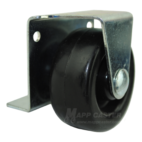 A black plastic wheel caster with a bright zinc plated steel mounting plate.