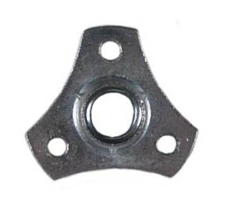 A silver triangle screw-in t-nut for 3/8"-16 threaded stems