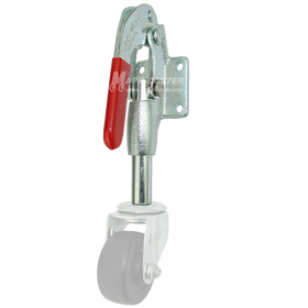 A metal bracket with a red push/pull handle designed to raise or lower casters, for use with 5/16" threaded stem casters.