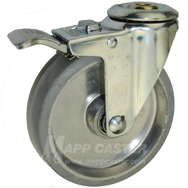 Swivel caster with a total lock brake, 5 inch grey rubber on aluminum wheel and 1/2" hollow kingpin for stems