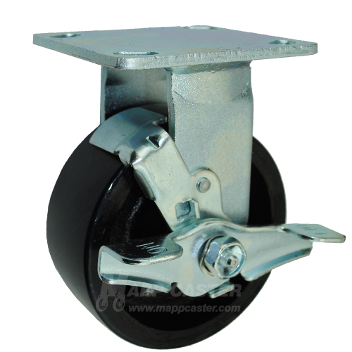 5" x 2" Polyurethane on Iron Wheel Rigid Brake Caster - 1,250 Lbs Capacity 146UIRB520RB
