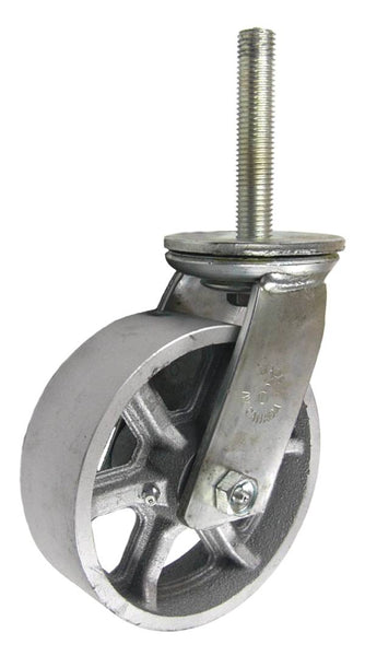 6" x 2" Cast Iron Wheel Swivel Caster with 3/4" Threaded Stem - 600 Lbs Capacity