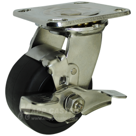 4" x 2" Rubber on Nylon Wheel Stainless Steel Swivel Brake Caster - 400 Lbs Capacity