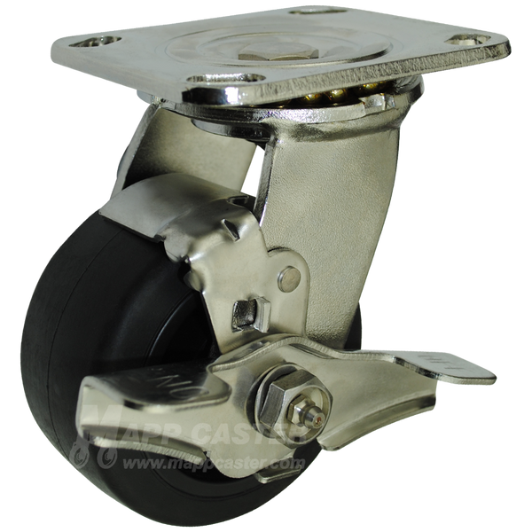 4" x 2" Rubber on Nylon Wheel Stainless Steel Swivel Brake Caster - 400 Lbs Capacity