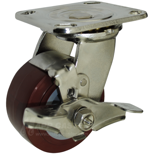 4" x 2" Polyurethane Wheel Stainless Steel Swivel Brake Caster - 600 Lbs Capacity
