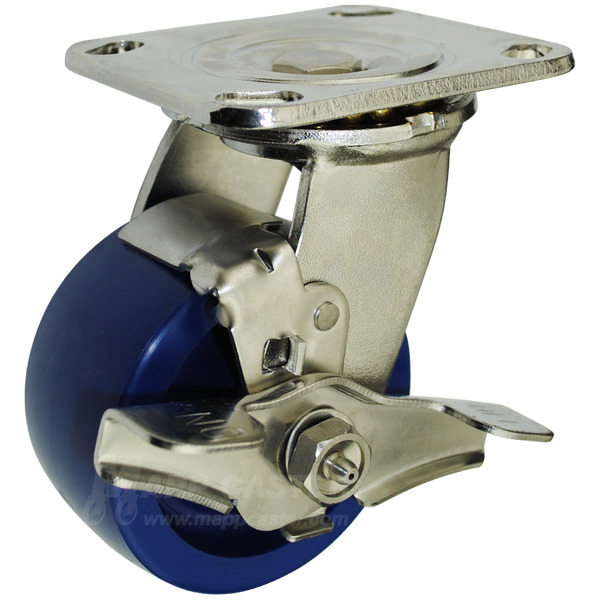 4" x 2" Solid Polyurethane Wheel Stainless Steel Swivel Brake Caster - 750 Lbs Capacity