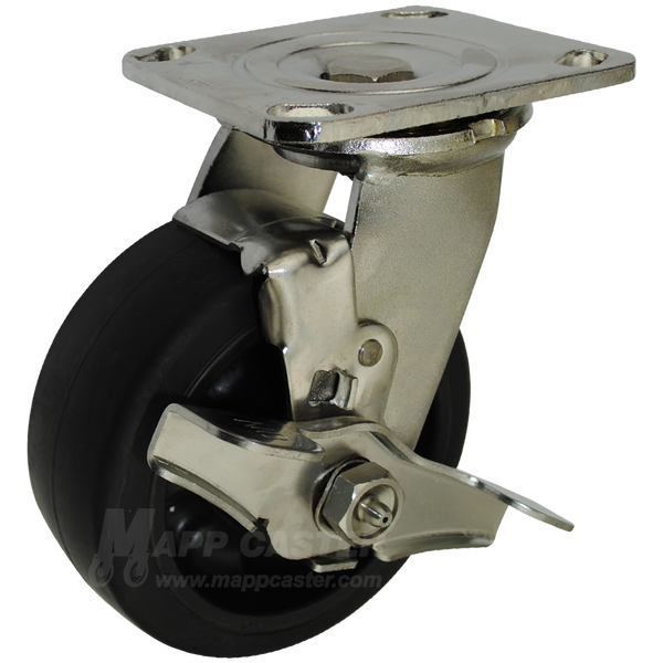 5" x 2" Rubber on Nylon Wheel Stainless Steel Swivel Caster with Brake - 450 Lbs Capacity