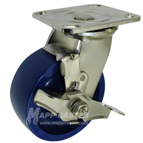 5" x 2" Solid Polyurethane Wheel Stainless Steel Swivel Brake Caster - 800 Lbs Capacity