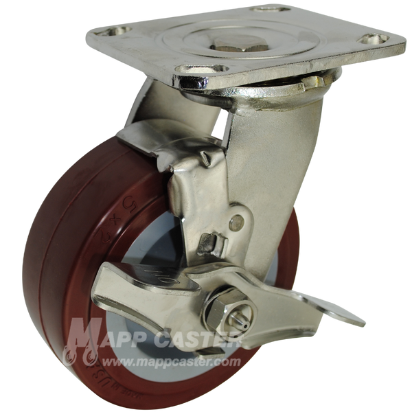 5" x 2" Polyurethane Wheel Stainless Steel Swivel Caster with Brake - 750 Lbs Capacity