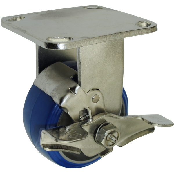 4" x 2" Polyurethane on Aluminum Wheel Stainless Steel Rigid Caster with Brake - 750 Lbs Capacity