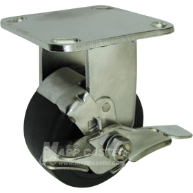 4" x 2" Rubber on Nylon Wheel Stainless Steel Rigid Caster with Brake - 400 Lbs Capacity