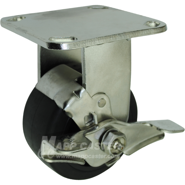 4" x 2" Rubber on Nylon Wheel Stainless Steel Rigid Caster with Brake - 400 Lbs Capacity