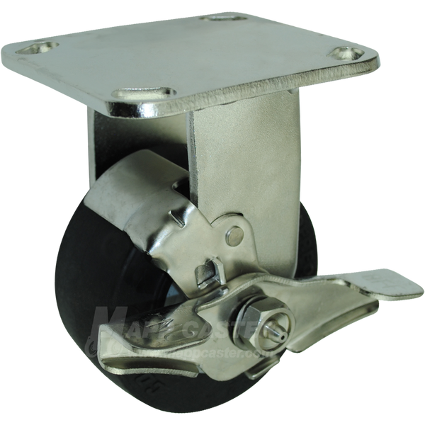 4" x 2" Thermoplastic Rubber (TPR) Wheel Stainless Steel Rigid Caster with Brake - 400 Lbs Capacity