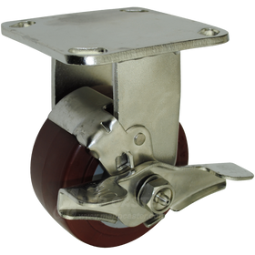 4" x 2" Polyurethane Wheel Stainless Steel Rigid Caster with Brake - 600 Lbs Capacity
