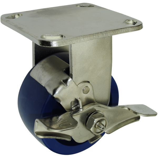 4" x 2" Solid Polyurethane Wheel Stainless Steel Rigid Caster with Brake - 750 Lbs Capacity