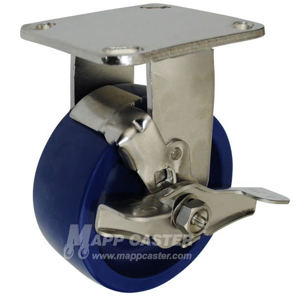 5" x 2" Solid Polyurethane Wheel Stainless Steel Rigid Caster with Brake - 800 Lbs Capacity