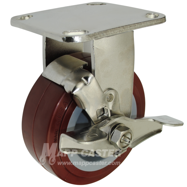 5" x 2" Polyurethane Wheel Stainless Steel Rigid Caster with Brake - 750 Lbs Capacity
