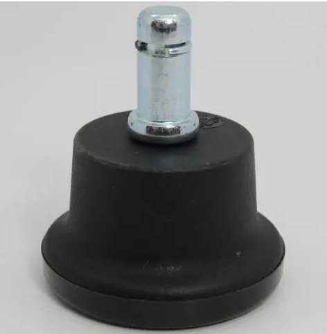 A black plastic furniture glide with a metal grip ring stem.