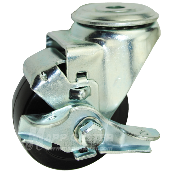 3" x 1-1/4" Hard Rubber Wheel Hollow Kingpin Brake Caster - 300 Lbs Capacity