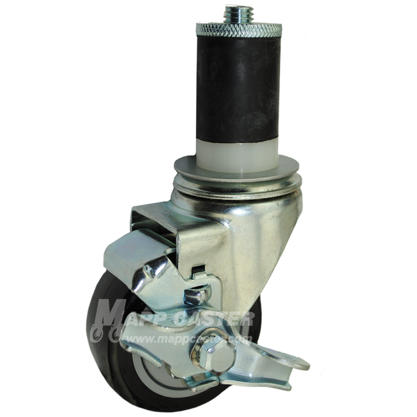 3" x 1-1/4" Black Polyurethane Wheel Swivel Caster with Brake - Select Expanding Stem Size - 300 Lbs Capacity