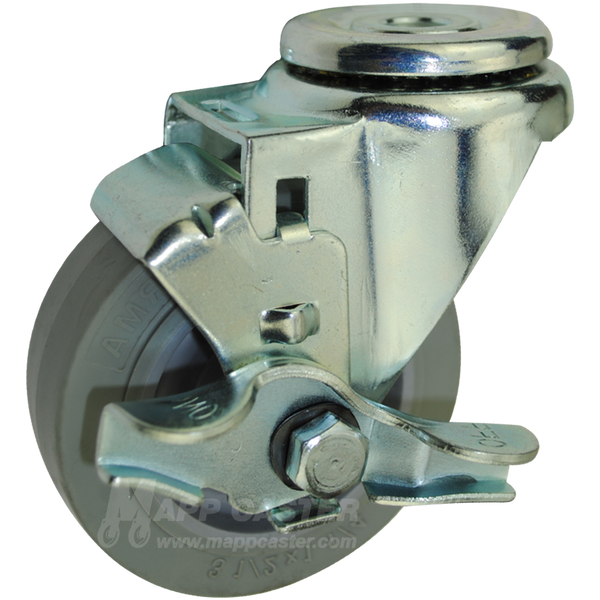 3-1/2" x 1-1/4" Thermoplastic Rubber Wheel Hollow Kingpin Swivel Brake Caster - 300 Lbs Capacity