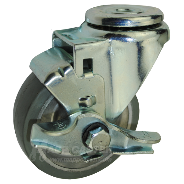 3-1/2" x 1-1/4" Thermoplastic Rubber on Aluminum Wheel Hollow Kingpin Swivel Brake Caster - 225 Lbs Capacity
