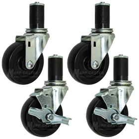 4” Food Prep Table Casters, NSF Certified, Water & Cleaning solvent Resistant Wheels, Set of 4 (Two Brakes) - 350 Lbs Capacity (Each Caster)