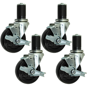 4” Food Prep Table Casters, NSF Certified, Water & Cleaning solvent Resistant Wheels - Set of 4 (All Brakes)