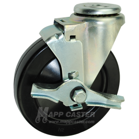 5" x 1-1/4" Hard Rubber Ball Bearing Wheel Hollow Swivel kingpin Caster with Brake - 300 Lbs Capacity