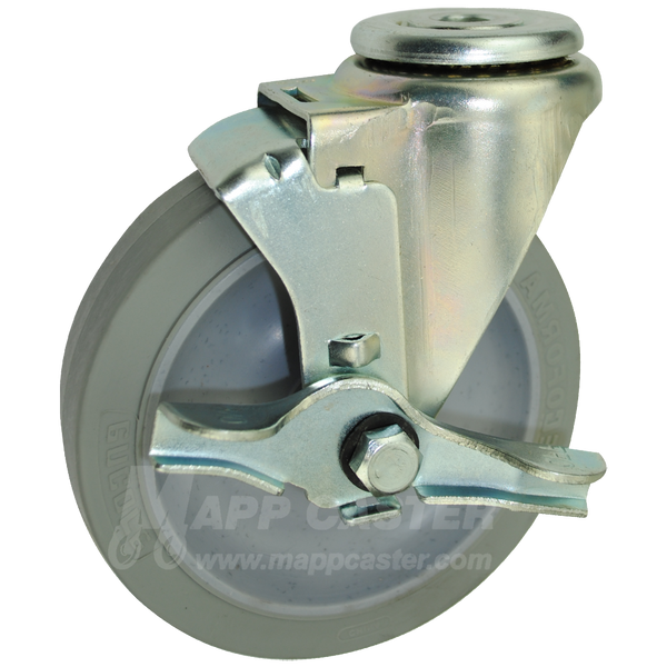 5" x 1-1/4" Thermoplastic Rubber Wheel Hollow Kingpin Swivel Brake Caster - 350 lbs Capacity