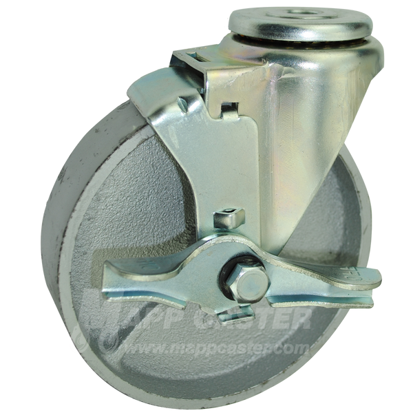 5" x 1-1/4" Steel Wheel Hollow Kingpin Swivel Brake Caster - 350 Lbs Capacity