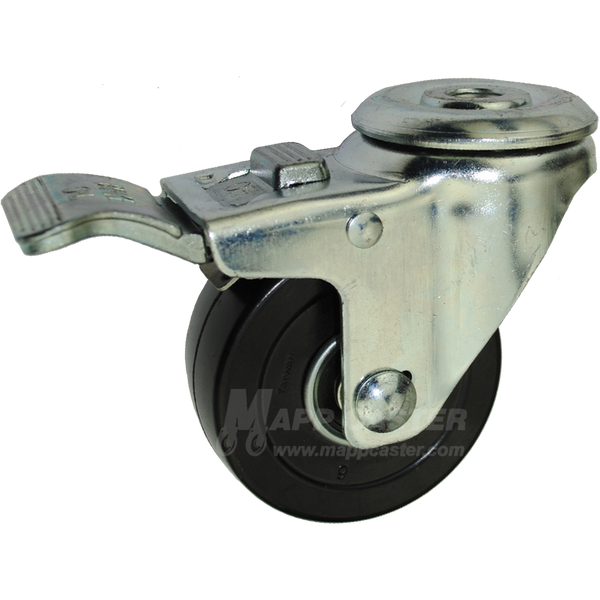 3" x 1-1/4" Hard Rubber Ball Bearing Wheel Hollowkingpin Caster with Total Lock Brake - 300 Lbs Capacity