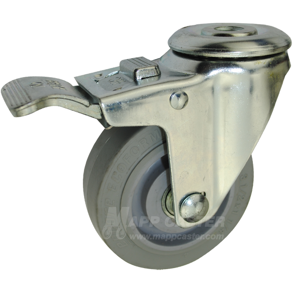 3-1/2" x 1-1/4" Thermoplastic Rubber Wheel Hollow Kingpin Swivel Caster with Total Locking Brake - 200 Lbs Capacity