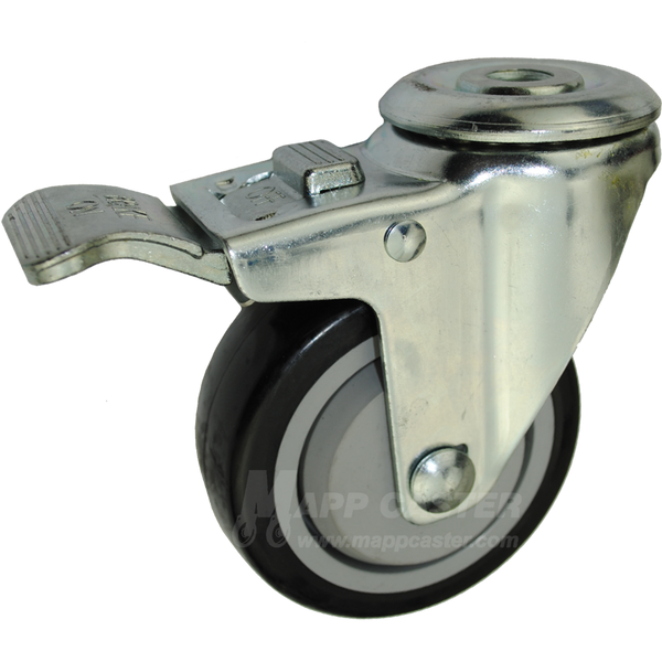 3-1/2" x 1-1/4" Polyurethane Wheel Hollow Kingpin Swivel Caster with Total Locking Brake - 300 Lbs Capacity