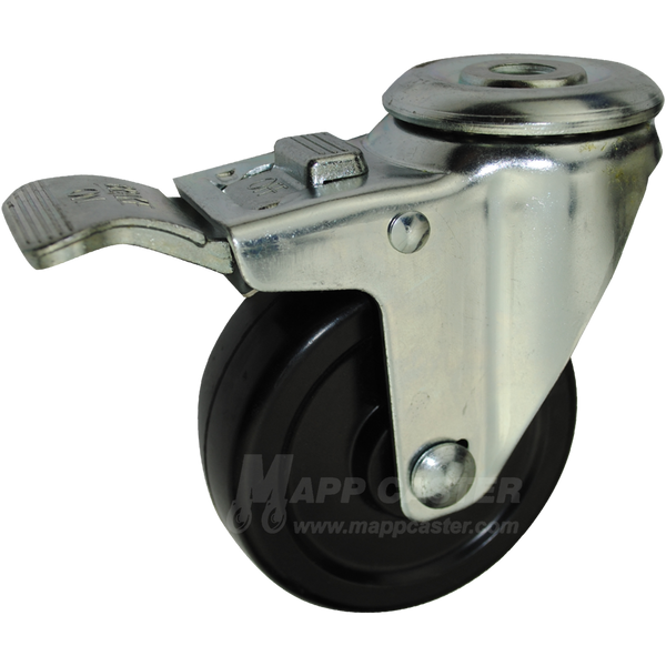 3-1/2" x 1-1/4" Soft Rubber Wheel Hollow Kingpin Swivel Caster with Total Locking Brake - 200 Lbs Capacity